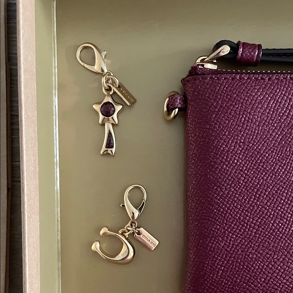 -RARE- New Coach Dark Black Cherry Glitter Wristlet with Charm Gift Set - Picture 3 of 8